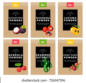  Diseño de embalaje. Etiqueta conceptual para la comercialización natural de superalimentos . Mangosteen, guarana, lucuma, acerola, algas, camu camu. Plantilla plana vectorial.