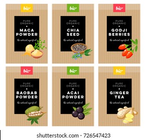 Design de embalagem. Rótulo conceitual para comercialização de superalimentos naturais. Maca, chia, godji, baobá, açaí, gengibre. Modelo plano vetorial.