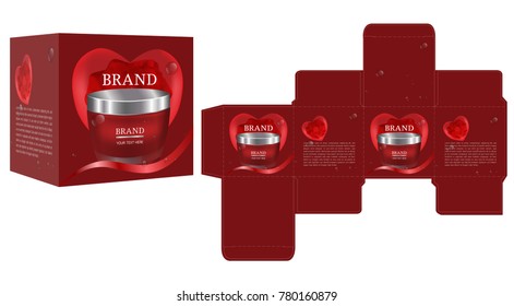 packaging design, cosmetic container on red valentines concept box design template and mockup box. Vector illustration.	