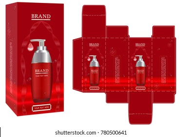 Packaging design, cosmetic container on red background box design template and mockup box. illustration vector.