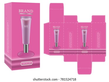 Packaging design, cosmetic container on pink background box design template and mockup box. illustration vector.	