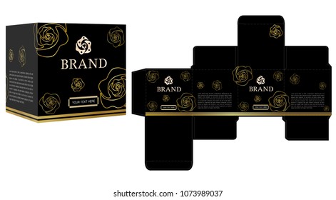 Packaging design for cosmetic or perfume , black and gold luxury box template and mockup box. illustration vector.