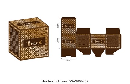 Packaging design with die Cut Template, Brown, and gold luxury box design template and 3d Box Mock-up. Illustration vector.