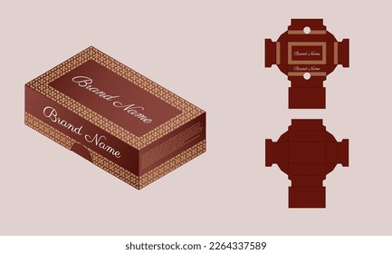 Packaging design with die Cut Template, Bordeaux, and gold luxury box design template and 3d Box Mock-up. Illustration vector.