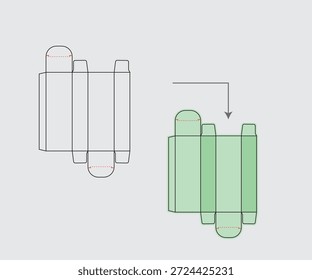 Verpackungsdesign Stempellinie mit flacher Schablone und montiertem Karton 