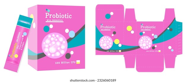 Packaging design, dietary supplement container, probiotic concept box template and mockup box, illustration vector.