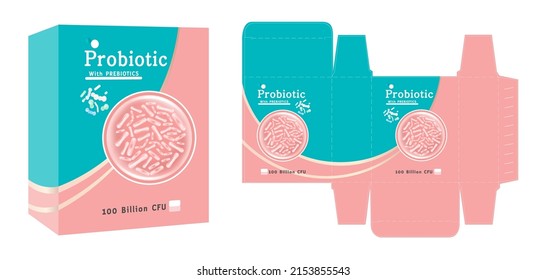 The packaging design of dietary supplement product, probiotic concept box template and mockup box, illustration vector.