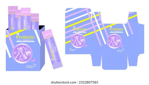 The packaging design of dietary supplement product, probiotic plus hyaluronic acid and collagen concept box template and mockup box, illustration vector.	