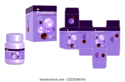 The packaging design of dietary supplement product, probiotic plus hyaluronic acid and collagen concept box template and mockup box, illustration vector.