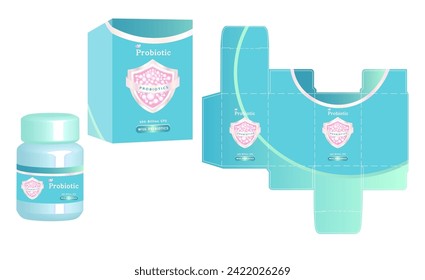 The packaging design of dietary supplement product, probiotic plus hyaluronic acid and collagen concept box template and mockup box, illustration vector.