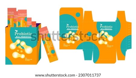 The packaging design of dietary supplement product, probiotic plus hyaluronic acid and collagen concept box template and mockup box, illustration vector.