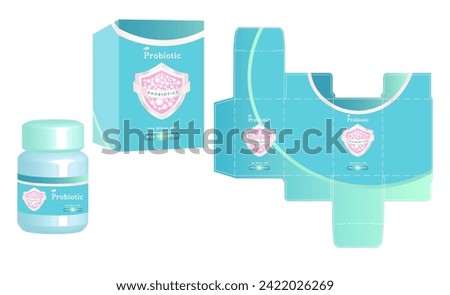 The packaging design of dietary supplement product, probiotic plus hyaluronic acid and collagen concept box template and mockup box, illustration vector.