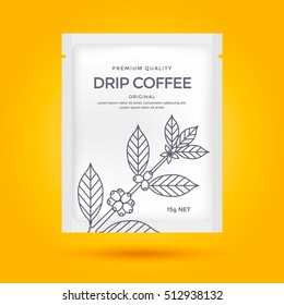 Packaging design for drip coffee. Vector template package. Line style illustration coffee branch.