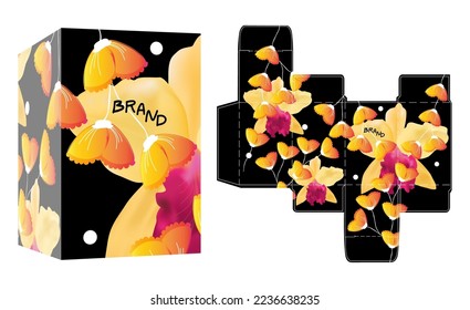 Diseño de empaque, flores sobre la plantilla de caja de lujo negro y caja de maquillaje, vector de ilustración.	