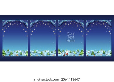 Packaging design, four sides of the box with a seamless pattern depicting Festive Retro Christmas Night Snowy Hills, Santa with Sack, Christmas trees, presents and Moonlit Sky