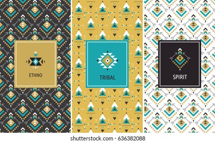 Packaging design with geometric art, ethnic and bohemian, tribal aztec seamless patterns