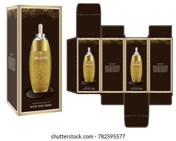 Packaging design, gold cosmetic container on luxury box design template and mockup box. illustration vector.	