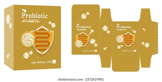 Packaging design, gold dietary supplement container, probiotic concept box template and mockup box, illustration vector.