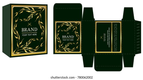 Packaging design, gold and green luxury box design template and mockup box. Illustration vector.