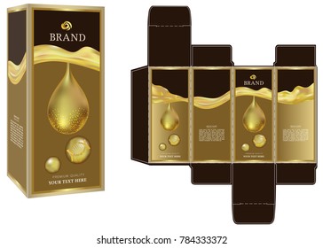 Packaging design, golden cosmetic liquid on luxury box design template and mockup box. Illustration vector.