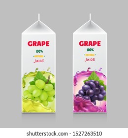 Packaging design for grape juice. Cardboard pack with realistic grapes branch set.