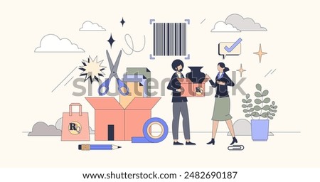 Packaging design with graphic decoration tiny person neubrutalism concept. Business logo on box, ready for transportation and order sending in cardboard boxes vector illustration. Package with label.