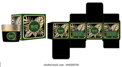 Packaging design, green and gold luxury box design with cosmetic container and mockup box. Illustration vector