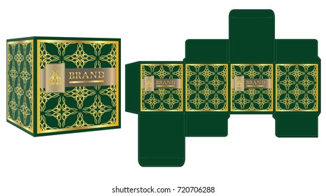 Packaging design, green and gold luxury box design template and mockup box. Illustration vector