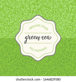 Packaging design for green tea. Lettering inscription on rosette with hand drawn linear pattern background
