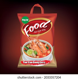 Diseño de empaque para el curry de Tom Yum Kung instantáneo.sopa de gamba picante.ilustración vectorial