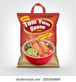 Diseño de empaque para el curry instantáneo de Tom Yum Koong.sopa de gamba picante.vector ilustración