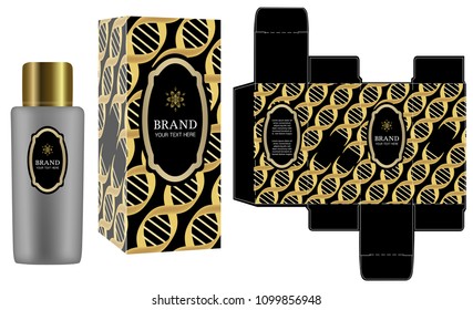 Packaging design, label on black cosmetic container with luxury box design template and mockup box. Illustration vector.	