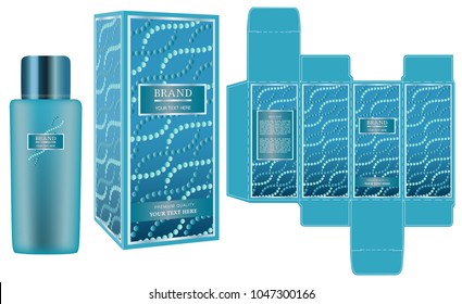 Packaging design, label on blue cosmetic container with luxury box design template and mockup box. Illustration vector.