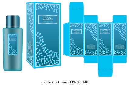 Packaging design, label on blue cosmetic container with luxury box design template and mockup box. Illustration vector.