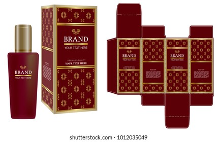 Packaging design, Label on cosmetic container with red and gold luxury box template and mockup box. illustration vector.