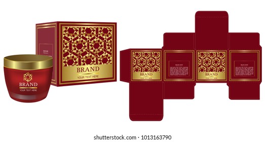 Packaging design, Label on cosmetic container with red and gold luxury box template and mockup box. illustration vector.