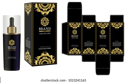 Packaging design, Label on cosmetic container with black and gold luxury box template and mockup box. illustration vector.