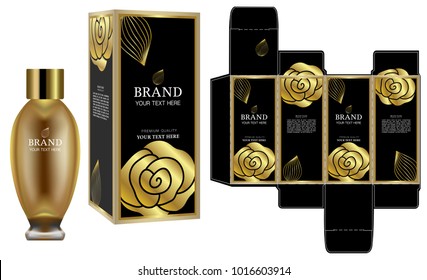 Packaging design, Label on cosmetic container with black and gold luxury box template and mockup box. illustration vector.