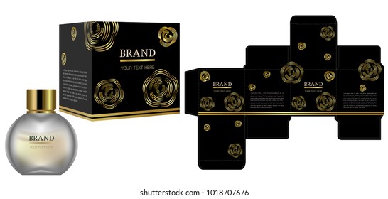 Packaging design, Label on cosmetic container with black and gold luxury box template and mockup box. illustration vector.