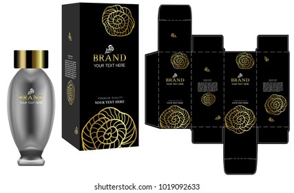 Packaging design, Label on cosmetic container with black and gold luxury box template and mockup box. illustration vector.