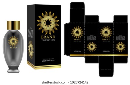 Packaging design, Label on cosmetic container with black and gold luxury box template and mockup box. illustration vector.	