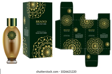Packaging design, Label on cosmetic container with green and gold luxury box template and mockup box. illustration vector.