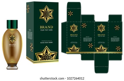 Packaging design, Label on cosmetic container with green and gold luxury box template and mockup box. illustration vector.