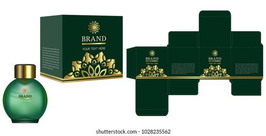 Packaging design, Label on cosmetic container with green and gold luxury box template and mockup box. illustration vector.