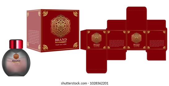 Packaging design, Label on cosmetic container with red and gold luxury box template and mockup box. illustration vector.