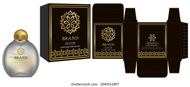 Packaging design, Label on cosmetic container with black and gold luxury box template and mockup box. illustration vector.