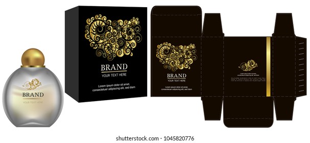 Packaging design, Label on cosmetic container with black and gold luxury box template and mockup box, illustration vector.