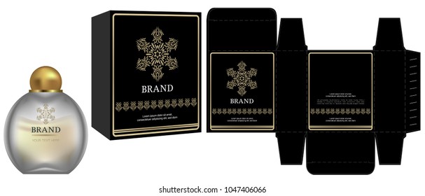 Packaging design, Label on cosmetic container with black and gold luxury box template and mockup box. illustration vector.