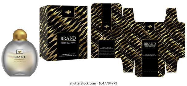 Packaging design, Label on cosmetic container with black and gold luxury box template and mockup box, illustration vector.