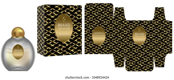 Packaging design, Label on cosmetic container with black and gold luxury box template and mockup box, illustration vector.